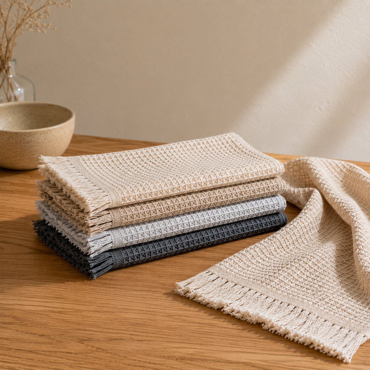 Waffle-Weave Cotton Kitchen Towels — Set of Four