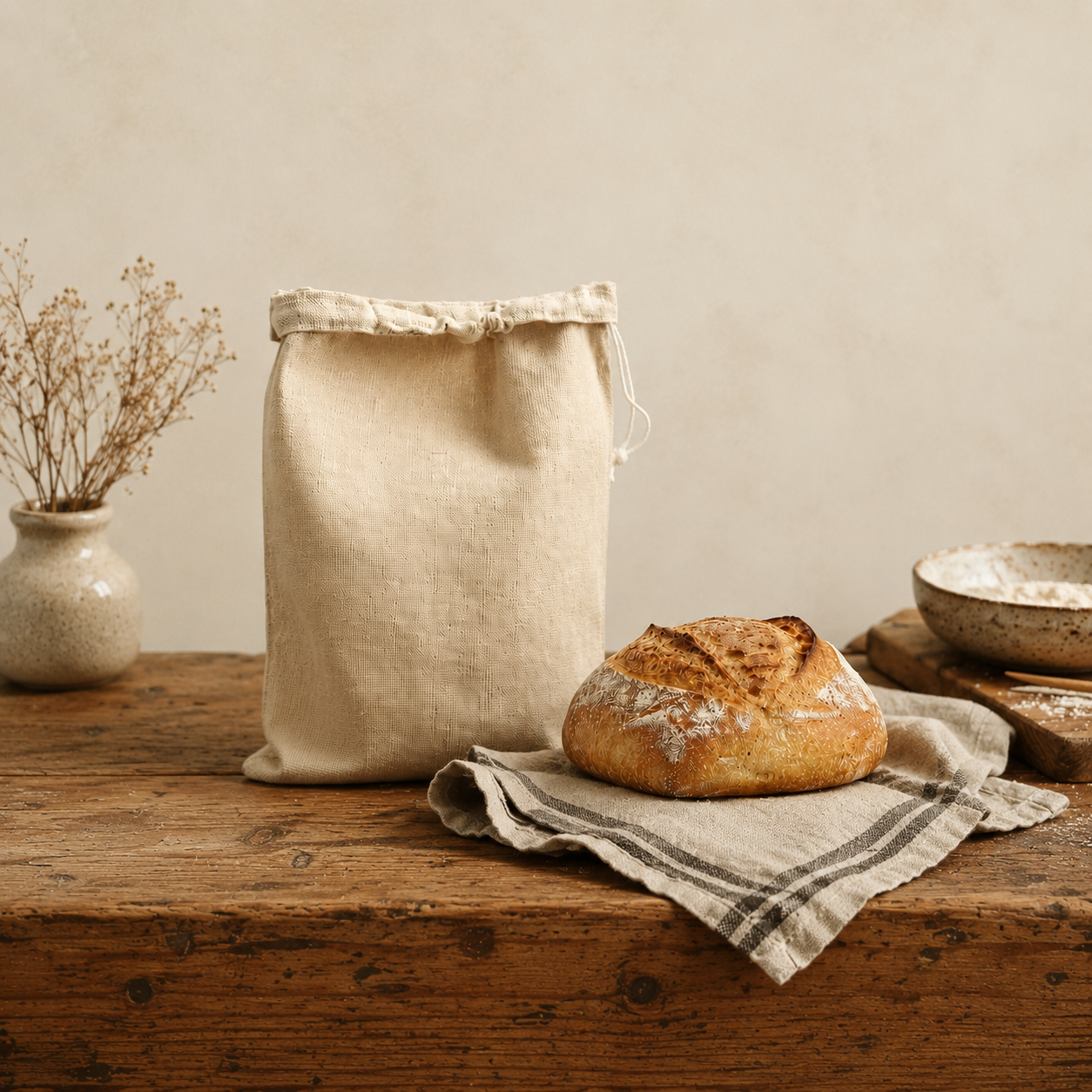 Large Bread Bag, Linen Bag with Beeswax Liner