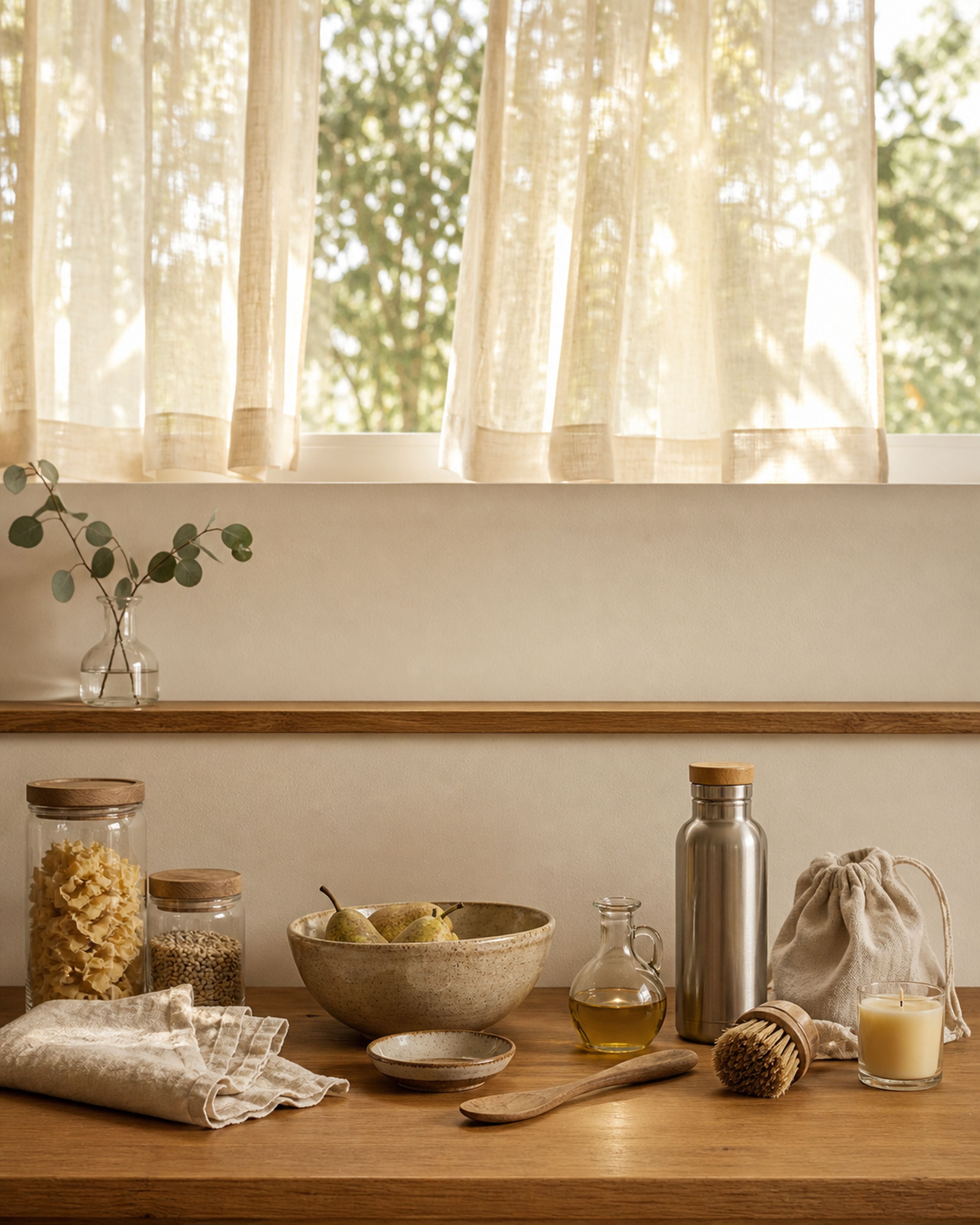 Sheer linen curtains over a kitchen counter, morning light, glass jars and a stainless bottle below.