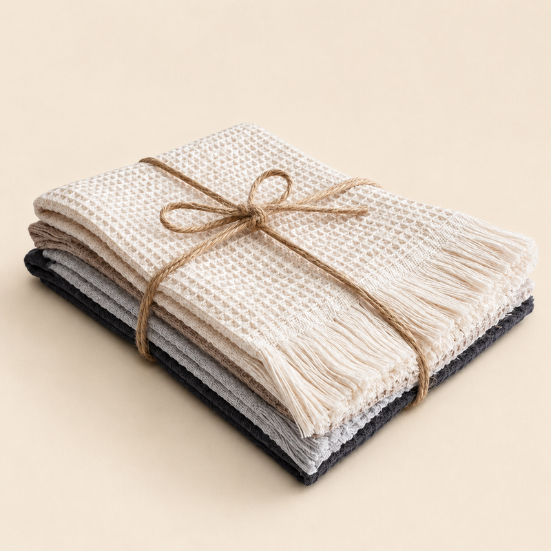 Waffle-Weave Cotton Kitchen Towels — Set of Four